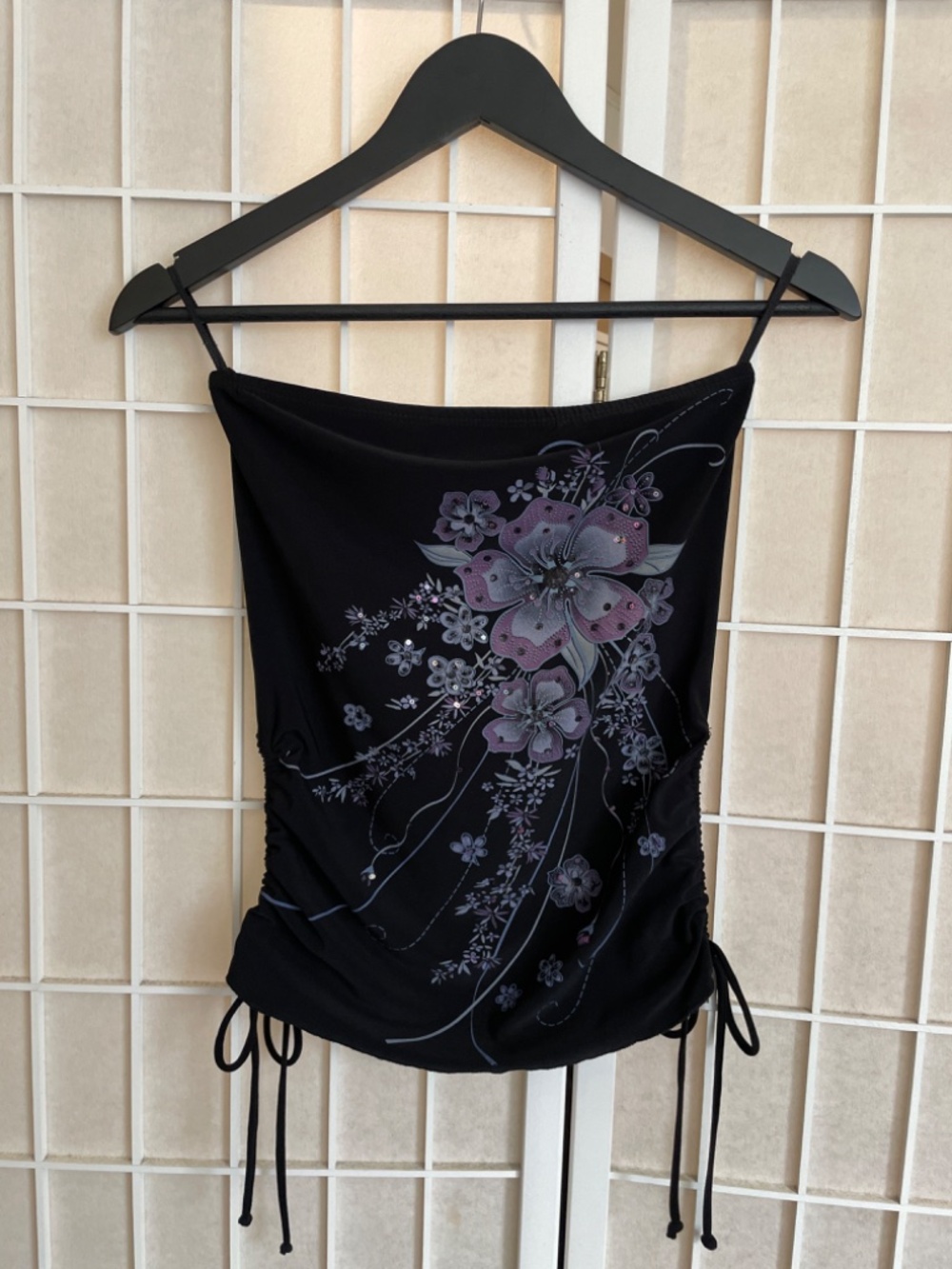 Sequin strapless floral party crop top Black Purple